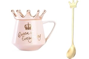 Xfeyaqlo Filiżanka do kawy, korona, kubek korona, zabawny prezent z łyżeczką z pokrywką z koronką, pełna postawa królowej, różowy, 300 ml