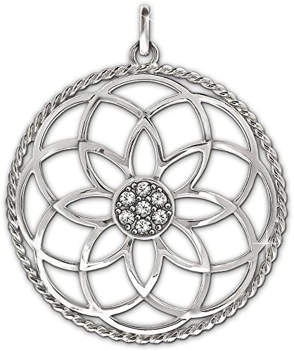 CLEVER SCHMUCKWomen's Pendant Mandala Flower of Life Diameter 40 mm with Many Zirconia in the Centre and Twisted Edge Shiny 925 Sterling Silver, Glossy, Cubic Zirconia