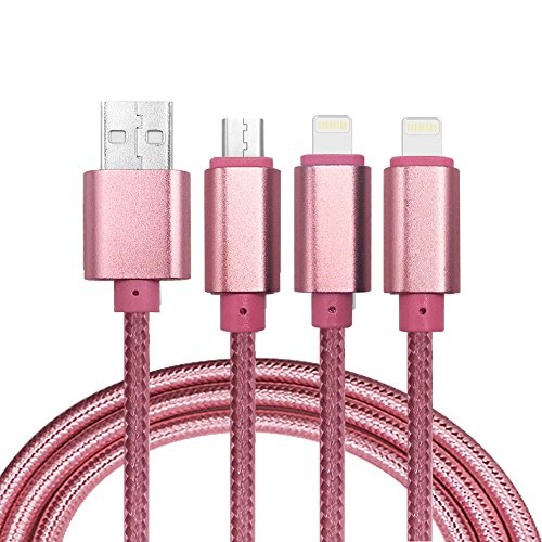 Multi USB Kabel, 3 in 1 Lightning & Micro USB Nylon geflochtenes Ladekabel mit 8 Pin Lightning / Micro USB 2.0 Anschlüsse für iPhone 6 / 6S plus / 5 / SE, iPad Air / mini, Android-Geräte(2 Lightning& 1 Micro-Rosa)