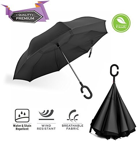 Inverted Umbrella, BravRain Windproof Rain Umbrella with C-Shaped Handle for Hands Free, Double Layer Inside-Out Reverse Folding Travel Umbrella for Car with Carrying Bag Multiple Colors (Black)