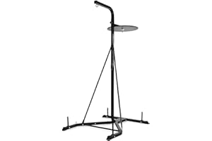 Physionics® Supporto Sacco da Boxe - Regolabile in Altezza, Autoportante, con Barra per Pesi, Piattaforma per Speedball, in Acciao, Nero - Supporto Pera Veloce, Stand Boxe da Terra, Palestra o Casa