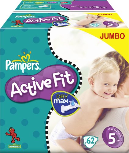 Pampers Active Fit Size 5 Junior Nappies Jumbo Box (2 Packs of 62 Nappies, total 124 Nappies)