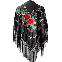 Mantoncillo Negro Mantón De Manila Flamenco | Bordado De Flores | Tamaño Adulto/Niña | Para Feria Y Sevillanas Triángulo Poliéster Mujer Niña