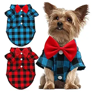 GINDOOR 2 Pack Plaid Puppy Shirt - Cute Boy Dog Clothes and Bow Tie Combo Dog Outfit for Small Dogs Cats Birthday Party and Holiday Photos Large