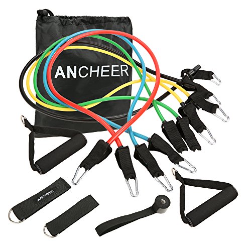 Ancheer Premium Fitness Widerstandsband, Resistance Bands Set 11tlg, Widerstandsbänder aus Latex+Griffe, Hochleistung Elastische Fitness-Übung Ausdehnungs-Röhren Fitnessbänder - Geeignet für Männer & Frauen - Beste Hochfestigkeit Latex Schlauchband Perfekt für Yoga Pilates Fitness Krafttraining