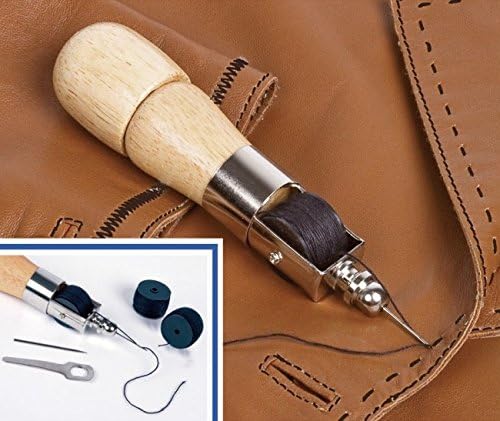 Wenko Sewing Awl Set with 3 Yarn Bobbins, Needles, Hole Punch &amp; Spanner – Wood/Metal – 13.5 x 3.5 cm