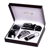 Geschenke Set für Mäner, Geschenkset mit PU Leder Quarz Analog Armbanduhr, Geschenkbox mitGürtel, Sonnenbrille, Schlüsselanhänger Schlüsselbund mit Box Geschenke Set für Männer Papa Vatertag Schwarz