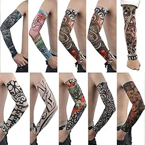 Navkar Crafts Women's and Men's Nylon Stretch Tattoo Printed Full Hand Arm Sleeves Gloves - 10 Pair Sleeves
