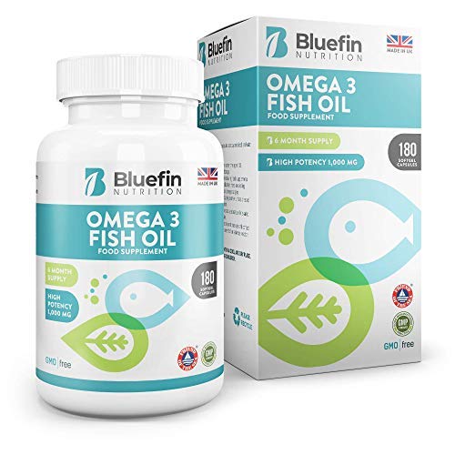 Bluefin Nutrition Aceite de Pescado Omega 3 1000mg Transparente | Alta Concentración Relación 180 EPA/120 DHA | Infundido con Antioxidantes | Máxima Frescura | Libre de Impurezas | 180 Cápsulas