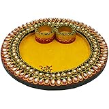 Style n Crafts Wooden & Paper Mache Round Shape Pooja Thali with Kundan Work