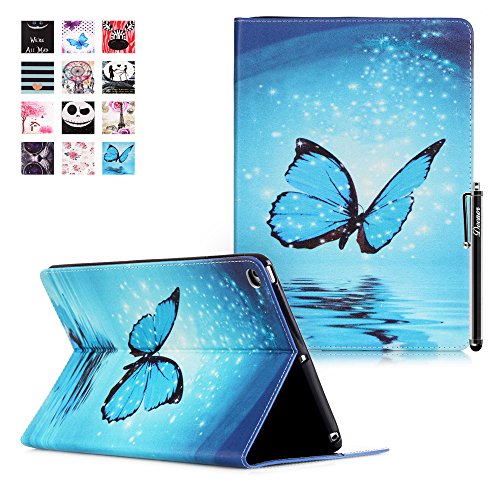 iPad Air 2 Hülle, Deenor Painting Cute and Stylish Fashionable Folding Folio Book Flip Stand Schutzhülle Hülle für Apple iPad Air2 iPad 6 generation + Free Gift Touching Pen/Stylus Pen + Screen Film Protector. blue butterfly