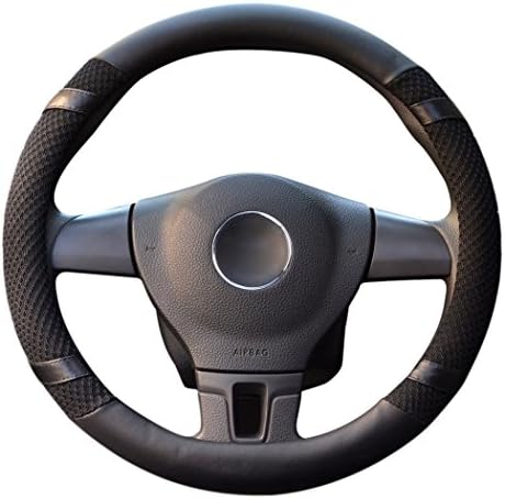 LONGWEY Top Microfiber Auto Leather Anti Slip Breathable Steering Wheel Wrap, Universal Fit, L size for 14.95"-15.75" (Black)