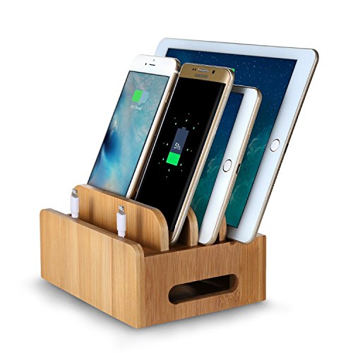 Upow Estaci  n de Carga de Bamb   natural para Multi-dispositivo con 4 Cuadros Organizador de Escritorio Soporte de Carga para Iphones Samsungs Tabletas Ipads 