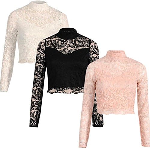 Women Long Sleeve Turtle Neck Keyhole Back Floral Lace Bodycon Ladies Crop Top-Nude-10