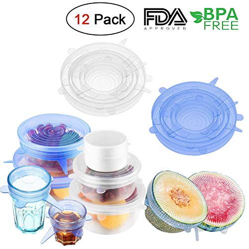 Tapa elástica de silicona, 12 PCS Reutilizable Fundas Protectoras para Alimentos Tapa Tazas, Paquetes de Vario
