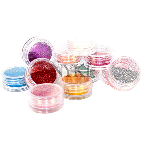 NYK1 12 x Highest Quality Craft and Nail Art Glitter Pots. COLOURED FINE WATERFALL DUST POWDER FOR ALL NAIL, FACE, BODY & HAIR DECORATION AND DESIGN for Shellac Gel Nails and Regular Nail Polish