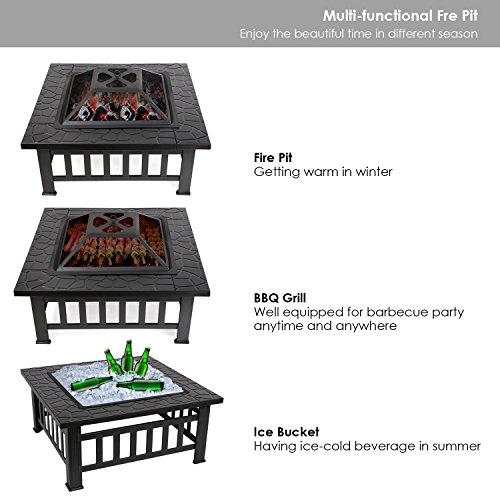 FEMOR Brasero Exterior Metal para Aire Libre Brasero 3 en 1 Pozo de fuego / Barbacoa / Cubo de hierro Jardín Patio Playa Terraza Fogón para Jardín Multifuncional BBQ 81*81*44cm (con Tapa y Malla), Color Negro