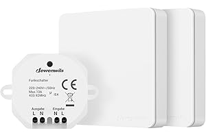 DEWENWILS Interruttori Wireless con 1 Ricevitore e 2 Interruttori a Parete, Portata 30 m, Nessun Cablaggio Richiesto, Telecomando Wireless per Luci Fino a 2300 W, Bianco