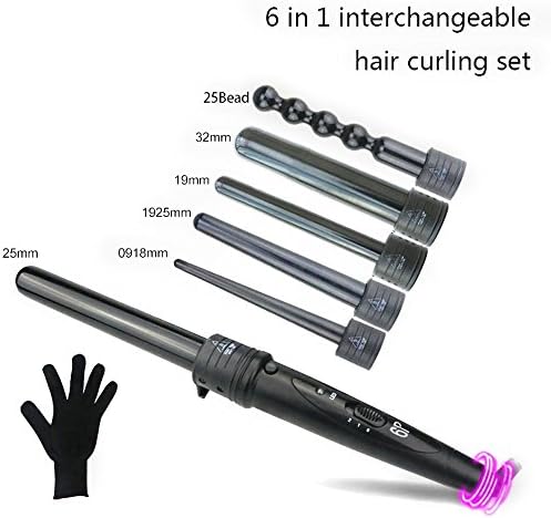 6 in 1 Hair Curler Wand Set with 6 Interchangeable Barrels and Heat Resistant Glove(Black) By Duomishu