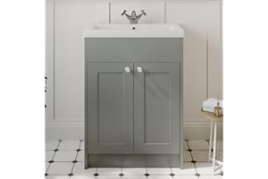 Baystone® 600mm Traditional Bathroom Vanity Unit with Wash Basin Ceramic Sink, Double Door, Cloakroom Storage Furniture Under Basin Cabinet, Floorstanding Cabinets Grey