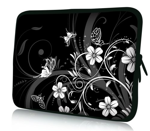 Laptoptasche Universal Designer Schutzhülle Sleeve aus wasserabweisendem Neopren Cover für Notebooks, Laptops und Tablets bis ca 15,4 Zoll – Schmetterling Blumen Ranke Schwarz Weiß von wortek