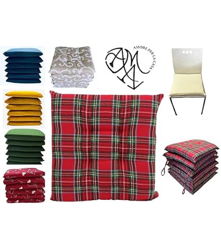 Set 6 Cuscini Per Sedie Da Cucina — Tessuto Scozzese Rosso Natale, Imbottiti, Con Elastico, 40x38 Cm