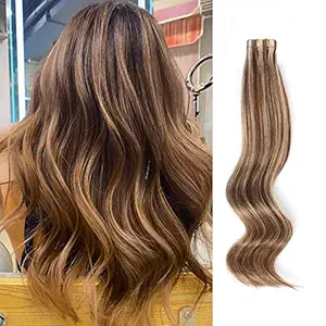 ABH AmazingBeauty Hair Pre-taped 50g 20pcs Sun kissed Human Hair Highlights Remy Tape in Hair Extensions Skin Weft, Invisible, Seamless, Light Chocolate Brown with Dark Dirty Blonde P4-12, 16 Inch