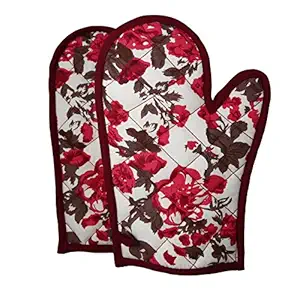 Shalinindia Cotton Oven Mitts Printed Set of 2 Quilted Cooking Gloves,OG02-2712,Wine,8 x12 Inch