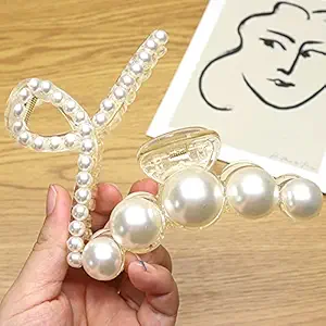 HOMEMATES 2 Pcs Large Pearl Hair Claw Clips White Hair Clips Thick Long Hair Jaw Clips Clutches Barrettes Hair Accessories for Women and Girls Hair Claw Thick Hair aw Clamp Strong Hold (STYLE 4)