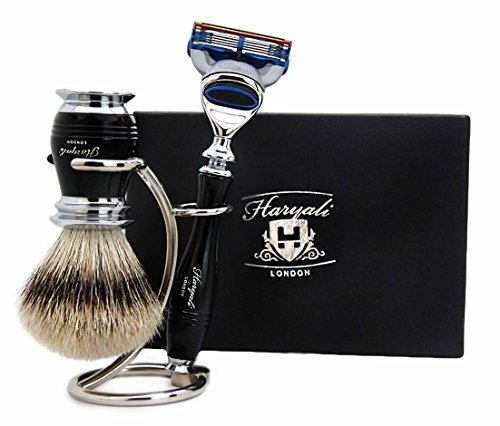 100% Pure Sliver Tip Badger Hair Brush with Black & Metal Handle, Gillette Fusion Razor With Black Handle & Stainless Steel Stand with Crome Finish. Perfect Set for Smooth finish. For Men's