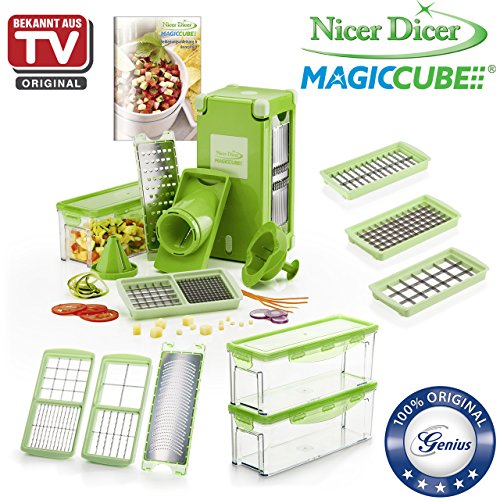 Genius Nicer Dicer Magic Cube | 23 Teile | inkl. XXL-Messereinsätze | Kombi-Set und Behälter | Schneiden | Reiben | Julienne | Spiralen | Hobeln | Würfeln | Obst- und Gemüseschneider | Bekannt aus TV | NEU