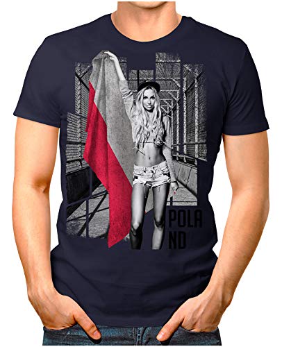 OM3® – Poland-Soccer-Girl – Herren T-Shirt EM 2020 Fußball Trikot Sexy Frau Polen Polska Vintage Navy M