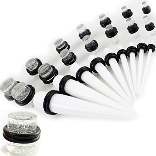 Gauge Gear® 28Pc White Ear Expander Kit - White Ear Taper Kit and Clear Glitter Plug Set 1.3mm-10mm