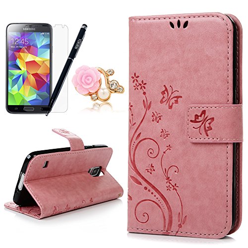 S5 Wallet Case Flip Hülle Samsung Galaxy S5 9600 Lederhülle YOKIRIN Feder Muster PU Leder Hardcase Tasche Brieftasche Schutzhülle Handytasche Flipcase Standup Book Cover Hardschale Etui mit Kartenfach und Taljereep Rose
