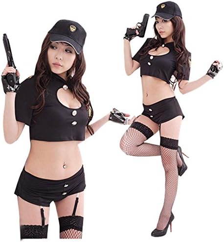 WJPT Female Sexy Police Style Bodysuit Underwear Short Sleeve Shirt, Shorts, thigh Socks garter
