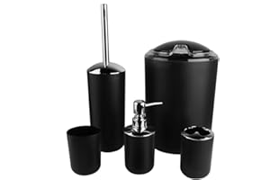 EJOYOUS Juego de Accesorios de Baño de 6 Piezas, Set de Baño de Plásti con Dispensador de Jabón Vaso para Cepillo de Dientes Escobilla para El Inodoro Bote de Basura Jabonera, para Familia Hotel(Negro)