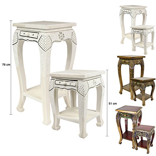 Opiumtisch Nachttisch Hocker Beistelltisch Ablage Akazien Massiv Holz Spiegelsteine Quadratisch Weiß Antik - 51 cm hoch Opiumtisch Nachttisch Hocker Beistelltisch Ablage Akazien Massiv Holz Spiegelsteine Quadratisch Weiß Antik - 51 cm hoch