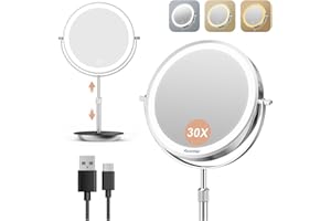 Auxmir 30X Magnifying Mirror with Lights, 9'' Double Sided Lighted Makeup Mirror with Tweezer, Height Adjustable 3 Color Stepless Dimmable Mirrors, Rechargeable 360° Free Standing Vanity Mirrors