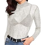 iHENGH Damen Top Bluse Lässig Mode T-Shirt Frühling Sommer Frauen Bequem Blusen Pailletten Durchsichtige Langarm Glitter Tops Mesh Sheer Shirt