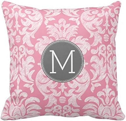Ouliyou Cotton Linen Decorative Throw Pillow Case Cushion Cover Pastel Pink &amp; Gray Damask Pattern Custom Monogram Pillowcase 16 "X16 "