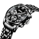 Herren Luxus Sportuhr Männer Chronograph Wasserdicht Datum Kalender Armbanduhr Analog Quarz Uhren Männlich Multifunktio Geschäft Lässig Edelstahl Uhr Schwarz