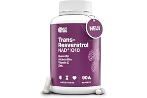 ‎NUTRIBRAIN Trans-Resveratrol, NAD⁺, Coenzym Q10, Quercetin, Astaxanthin, Vitamin C & Zink | Antioxidativ, Anti-Aging & Immunsystem | 90 Kapseln | Hochdosiert | Mit 7 synergetischen Wirkstoffen | 3 Monats-Vorrat