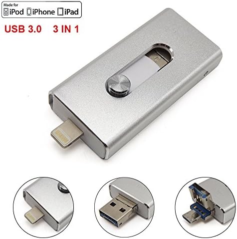 Escomdp USB 3.0 Flash Drives for iPhone 5 6 7 Plus, iPad iOS Lightning Apple Device, 3-in-1 Mobile Phone OTG Flash Memory Stick Storage Expansion for Android &amp; Computers (16GB, Silver)