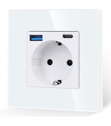 Stopcontact met USB-aansluiting en type C (max. 5 V 3,4 A) Schuko-inbouwstopcontact met USB-aansluiting, glanzend, systeem 55, zuiver wit, wandcontactdoos, geaard stopcontact