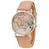 YHDSB Damen Quartz Uhr, Mode Weltkarte Leder Gurt Armbanduhr,Brown