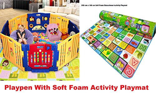 Plastic Baby Playpen / Large Babies Playpen 180cm (8-Sides) / Includes Soft Foam Colourful Reversible Nonslip Playmat
