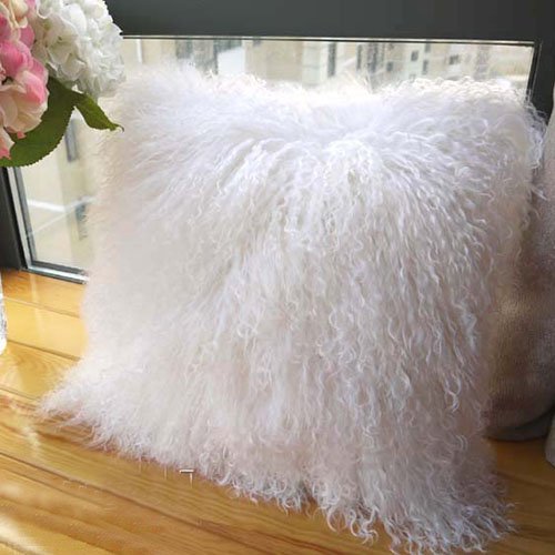 ROSE FEATHER 100% Tibetan Mongolian Lamb Sheepskin Wool Fur Leather Pillowcase Cushion Cover 20x20 Inch (Ivory White)