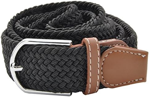 Men Elastic Fabric Woven Stretch Belt Braided Webbed Waistband with Faux Leather (Large fits waist 39-44", black)