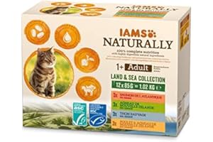 IAMS Naturally Nourriture Humide pour Chat Stérilisé ou non 12 sachets fraicheurs pour 4 Pâtées Terre/Mer en sauce - SANS SUCRE AJOUTE, OGM, protéines végétales, colorant, arôme artificiel - 12 x 85g