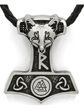 Viking Nordischen Odin Wolf Kopf Thor Hammer Anhänger Halskette Antik Silber Leder